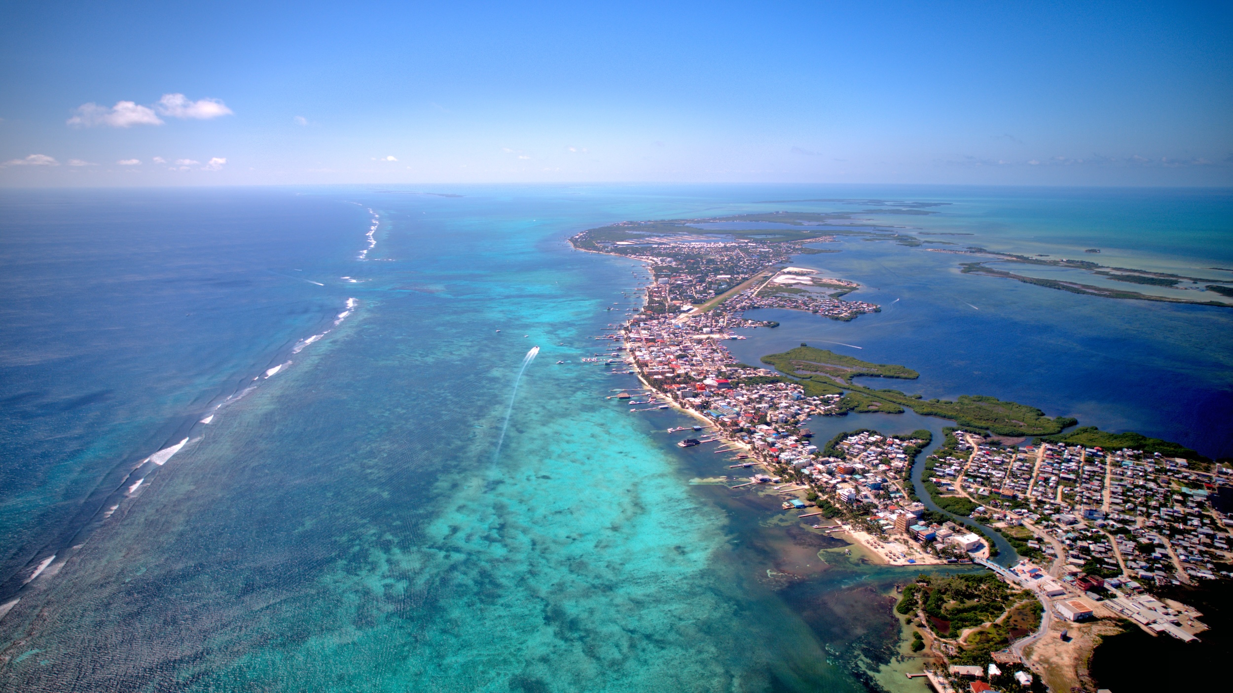 Aerial view of Ambergris Caye and the Belize Barrier Reef