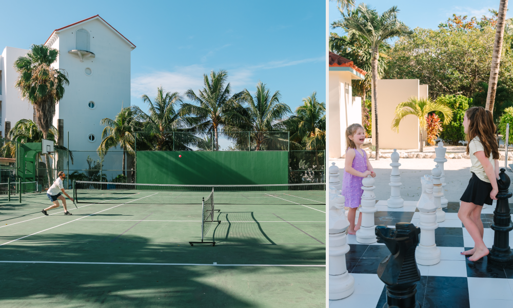 Collage of a guest playing pickleball and children playing giant chess at Belizean Shores Resort.