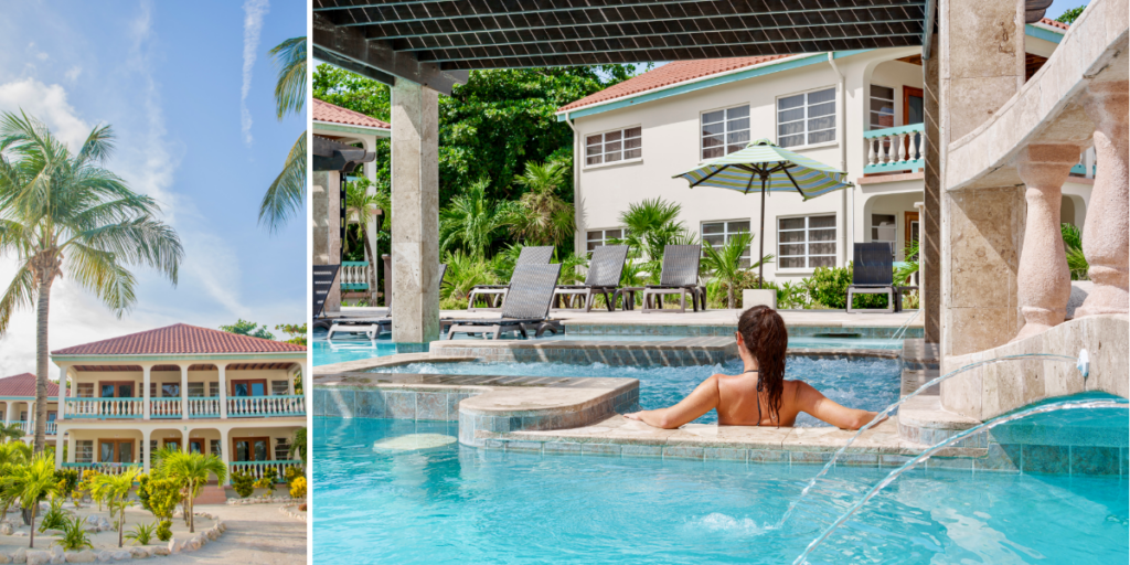 Two-story beachfront suite building with palm trees and a guest enjoying the Jacuzzi pool area at Belizean Shores Resort