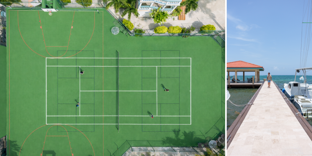 Aerial view of tennis and basketball courts and a guest walking the oceanfront dock at Belizean Shores Resort in Belize