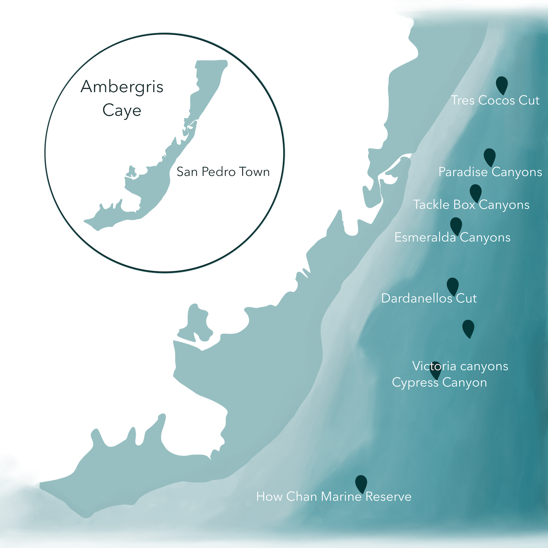Map of local dive sites around Ambergris Caye